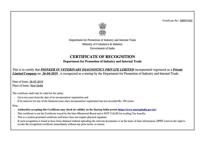 DPIIT Recognised Startup Certificate — Government of India